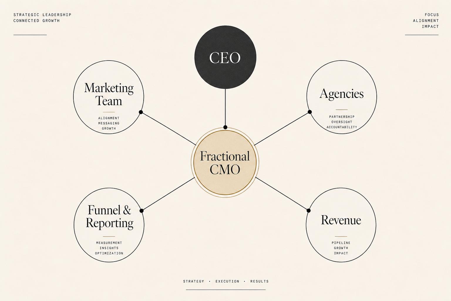 Diagramm zur Rolle eines Fractional CMO zwischen Geschäftsführung, Marketingteam, Agenturen und Umsatzsteuerung